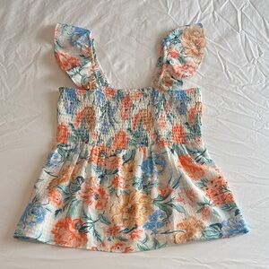 LOFT Floral Smocked Top - Blue, Orange, Cream